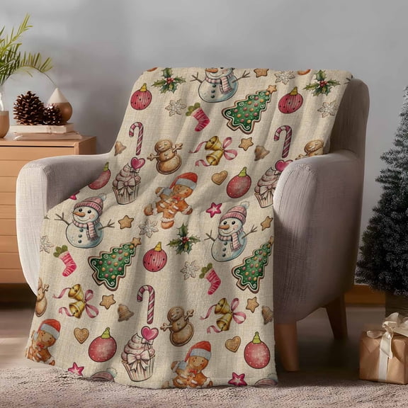 Throw Blanket Fleece Throw Blanket 40x50in, Christmas Tree Snowman Ginger Bread Man Soft Lightweight Bed Blankets Retro Candy Bells Fuzzy Couch Blankets for All Season