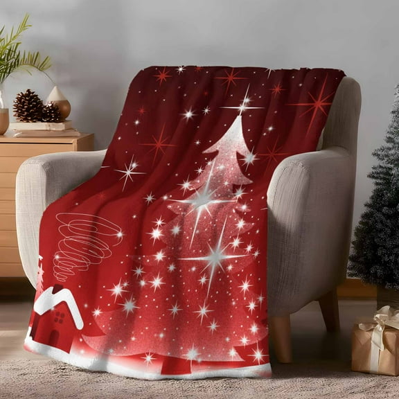 Throw Blanket Fleece Throw Blanket 40x50in, Christmas Tree Stars Soft Lightweight Bed Blankets Snowy Farmhouse on Red Fuzzy Couch Blankets for All Season