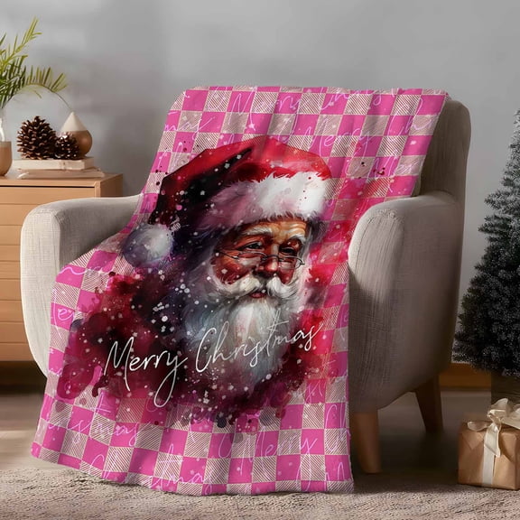 Throw Blanket Fleece Throw Blanket 40x50in, Christmas Watercolor Santa Claus Soft Lightweight Bed Blankets Pink Buffalo Checker Fuzzy Couch Blankets for All Season