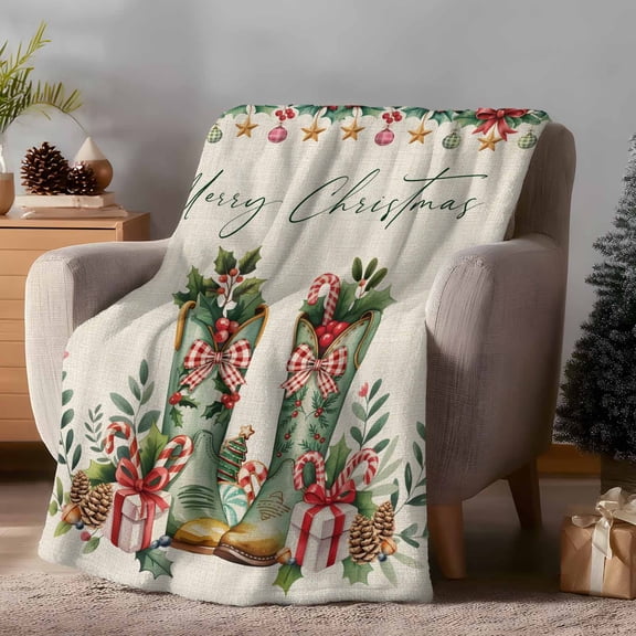 Throw Blanket Fleece Throw Blanket 40x50in, Christmas Western Farm Boots Soft Lightweight Bed Blankets Green on Retro Beige Fuzzy Couch Blankets for All Season