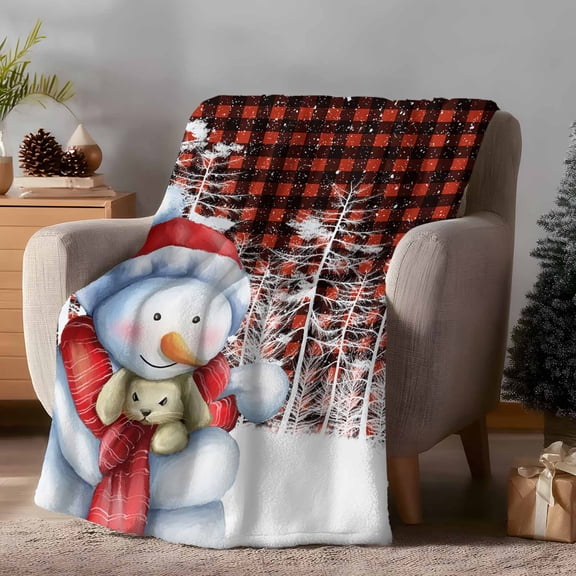 Throw Blanket Fleece Throw Blanket 40x50in, Christmas Winter Snowman Red Hat Scarf Soft Lightweight Bed Blankets White Branch Buffalo Check Fuzzy Couch Blankets for All Season