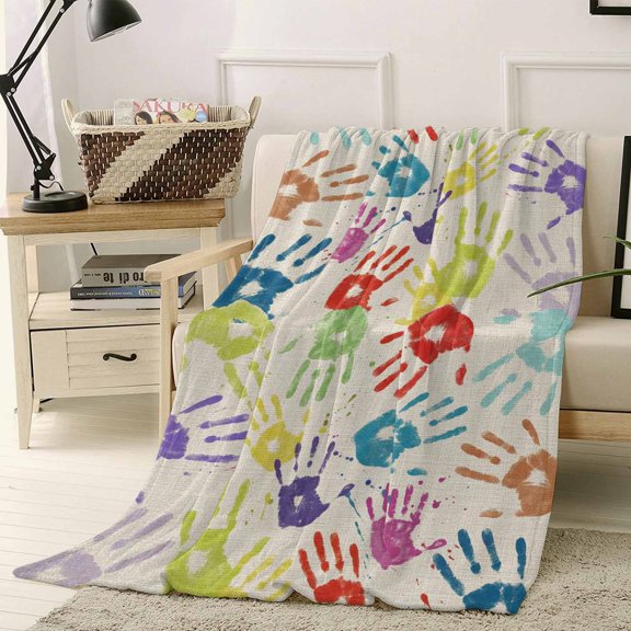 Throw Blanket Fleece Throw Blanket 40x50in, Colorful Handprints on Burlap Linen Soft Lightweight Bed Blankets Watercolor Hands Texture Fuzzy Couch Blankets for All Season