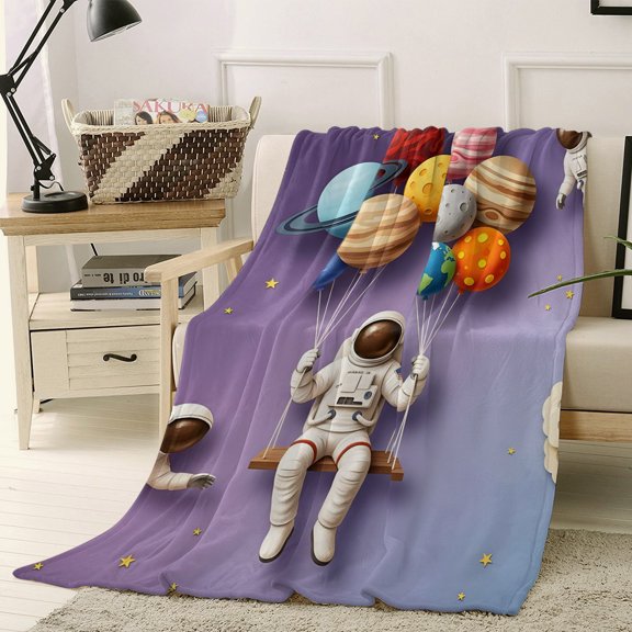 Throw Blanket Fleece Throw Blanket 40x50in, Cosmonaut Planet Balloon Space Shuttle Soft Lightweight Bed Blankets Cartoon Outer Space Star Fuzzy Couch Blankets for All Season