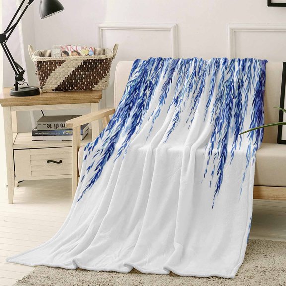 Throw Blanket Fleece Throw Blanket 40x50in, Country Blue Willow Leaf Soft Lightweight Bed Blankets Watercolor Leaves Fuzzy Couch Blankets for All Season