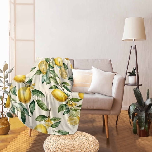 Throw Blanket Fleece Throw Blanket 40x50in, Country Farm Vintage Lemon Soft Lightweight Bed Blankets Yellow Fruit Leaves Fuzzy Couch Blankets for All Season