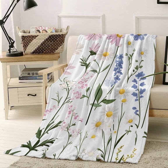 Throw Blanket Fleece Throw Blanket 40x50in, Country Flower Daisy Leaves Plant Soft Lightweight Bed Blankets Wildflower on White Fuzzy Couch Blankets for All Season