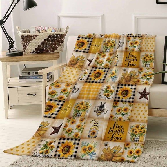 Throw Blanket Fleece Throw Blanket 40x50in, Country Star Bee Gnome Sunflower Soft Lightweight Bed Blankets Farm Yellow Gingham Check Fuzzy Couch Blankets for All Season