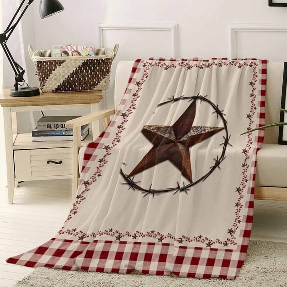 Throw Blanket Fleece Throw Blanket 40x50in, Country Star Red Plaid Soft Lightweight Bed Blankets Western Texas Farm Style Fuzzy Couch Blankets for All Season
