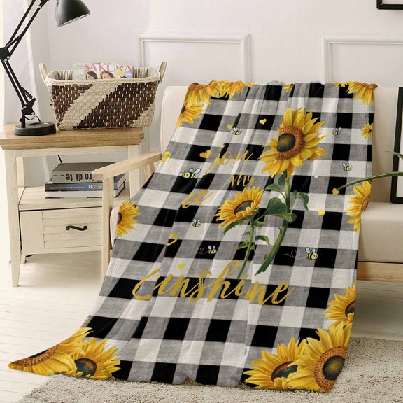 Throw Blanket Fleece Throw Blanket 40x50in, Country Sunflower Bee Soft Lightweight Bed Blankets Rustic Botanical Retro Checkered Fuzzy Couch Blankets for All Season