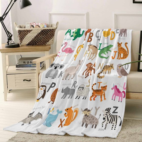 Throw Blanket Fleece Throw Blanket 40x50in, Cute Animal Alphabet Soft Lightweight Bed Blankets Educational Letters Poster Fuzzy Couch Blankets for All Season
