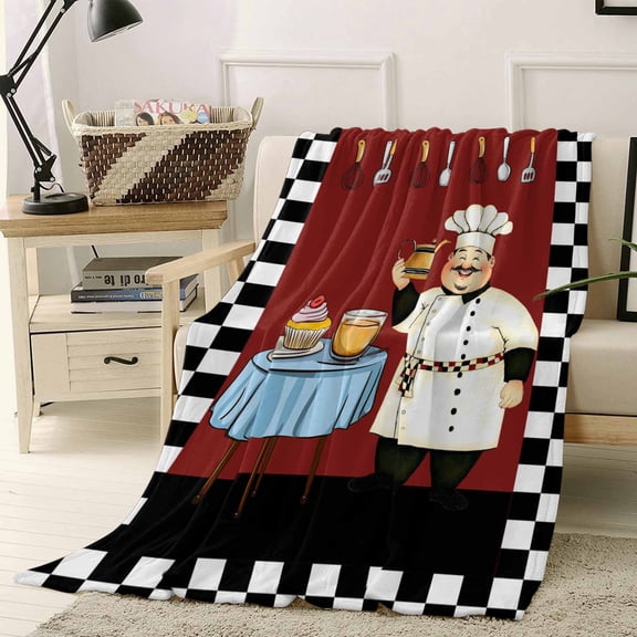 Throw Blanket Fleece Throw Blanket 40x50in, Cute Chef Cooking Cake Food Soft Lightweight Bed Blankets Black and White Plaid Fuzzy Couch Blankets for All Season