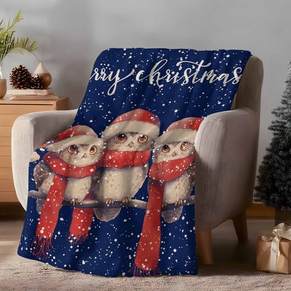 Throw Blanket Fleece Throw Blanket 40x50in, Cute Owl Christmas Snow Dark Blue Soft Lightweight Bed Blankets Red Scarf Hat Fuzzy Couch Blankets for All Season