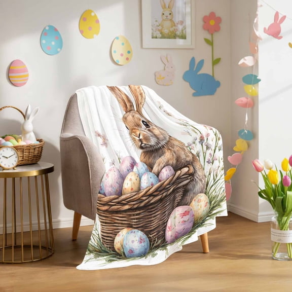 Throw Blanket Fleece Throw Blanket 40x50in, Easter Bunny Egg Basket on White Soft Lightweight Bed Blankets Spring Pastoral Plant Fuzzy Couch Blankets for All Season
