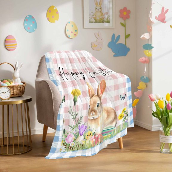 Throw Blanket Fleece Throw Blanket 40x50in, Easter Bunny Eggs and Flowers Soft Lightweight Bed Blankets Pink Blue White Buffalo Checker Fuzzy Couch Blankets for All Season
