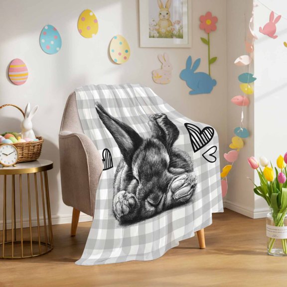 Throw Blanket Fleece Throw Blanket 40x50in, Easter Cute Rabbits Love Heart Soft Lightweight Bed Blankets Grey Checkered Plaid Fuzzy Couch Blankets for All Season