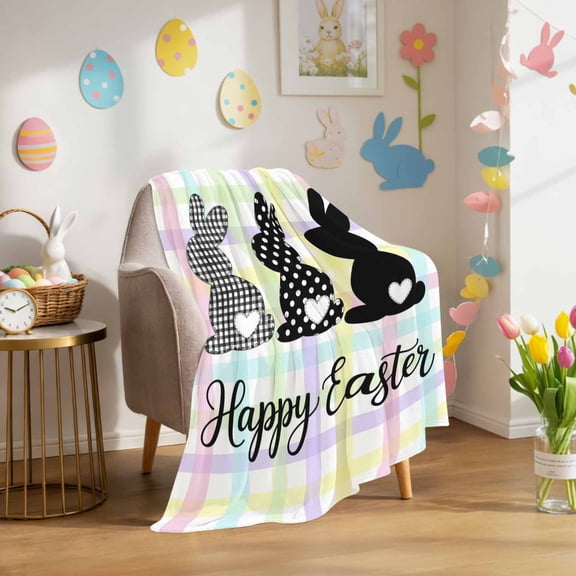 Throw Blanket Fleece Throw Blanket 40x50in, Easter Rabbit Colorful Checkered Soft Lightweight Bed Blankets Abstract Black White Bunny Fuzzy Couch Blankets for All Season