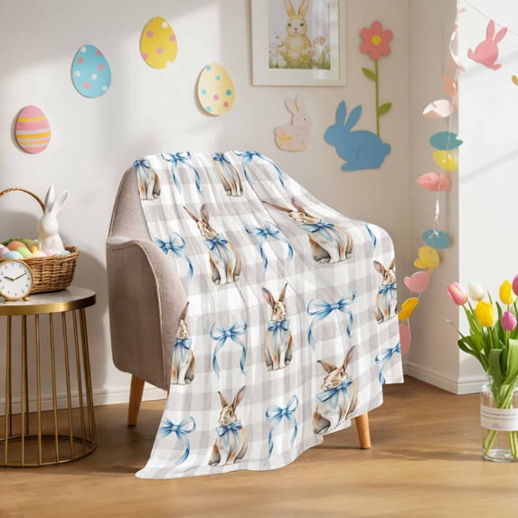 Throw Blanket Fleece Throw Blanket 40x50in, Easter Rabbit Gray Buffalo Check Soft Lightweight Bed Blankets Spring Blue Bow Bunny Fuzzy Couch Blankets for All Season
