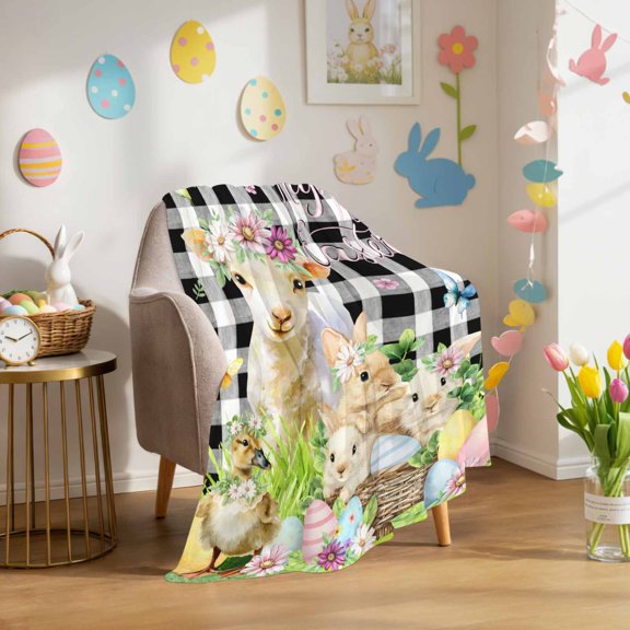 Throw Blanket Fleece Throw Blanket 40x50in, Easter Rabbit Sheep Duck Flower Soft Lightweight Bed Blankets Rustic Farm Animal Checkered Fuzzy Couch Blankets for All Season