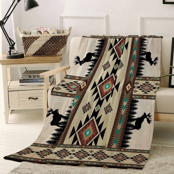 Throw Blanket Fleece Throw Blanket 40x50in, Ethnic Abstract Square Triangle on Brown Soft Lightweight Bed Blankets Wild Elk Reindeer Silhouette Fuzzy Couch Blankets for All Season