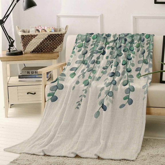 Throw Blanket Fleece Throw Blanket 40x50in, Eucalyptus Leaf Rustic Foliage Soft Lightweight Bed Blankets Watercolor Plant Vintage Linen Fuzzy Couch Blankets for All Season