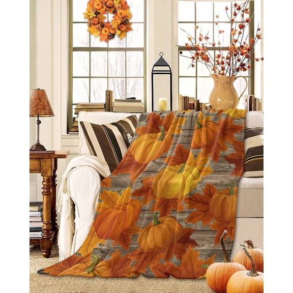 Throw Blanket Fleece Throw Blanket 40x50in, Fall Orange Pumpkin Maple Leaves Soft Lightweight Bed Blankets Thanksgiving Farm Wood Barn Fuzzy Couch Blankets for All Season