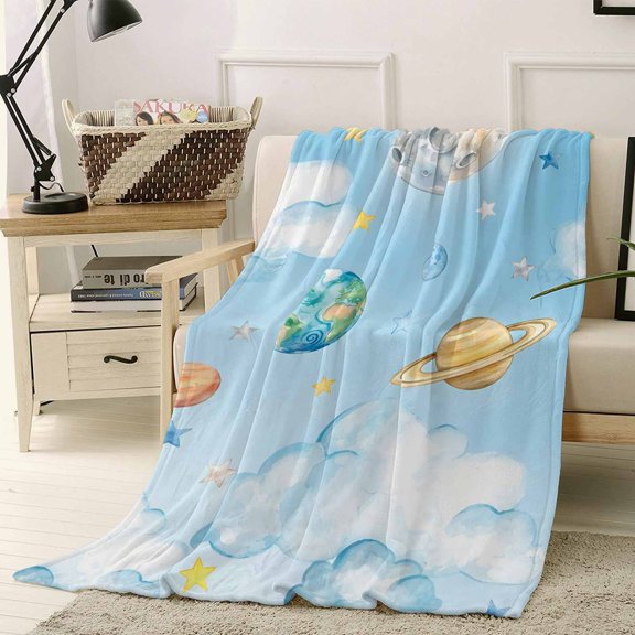 Throw Blanket Fleece Throw Blanket 40x50in, Fantasy Universe Planet Cloud Soft Lightweight Bed Blankets Blue and Yellow Stars Fuzzy Couch Blankets for All Season