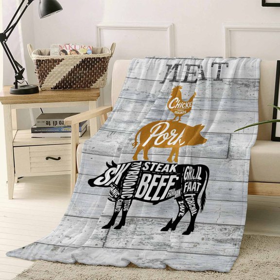 Throw Blanket Fleece Throw Blanket 40x50in, Farm Animal Meat Soft Lightweight Bed Blankets Vintage Chicken Pork and Beef on Wood Board Fuzzy Couch Blankets for All Season