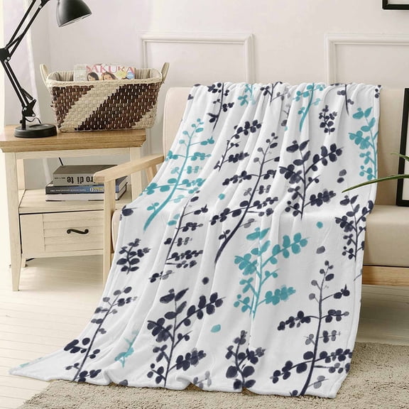 Throw Blanket Fleece Throw Blanket 40x50in, Farm Blue Black Leaves Soft Lightweight Bed Blankets Rural Style Plants Fuzzy Couch Blankets for All Season