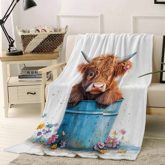 Throw Blanket Fleece Throw Blanket 40x50in, Farm Calf Blue Bucket Soft Lightweight Bed Blankets Watercolor Animal Flower Fuzzy Couch Blankets for All Season