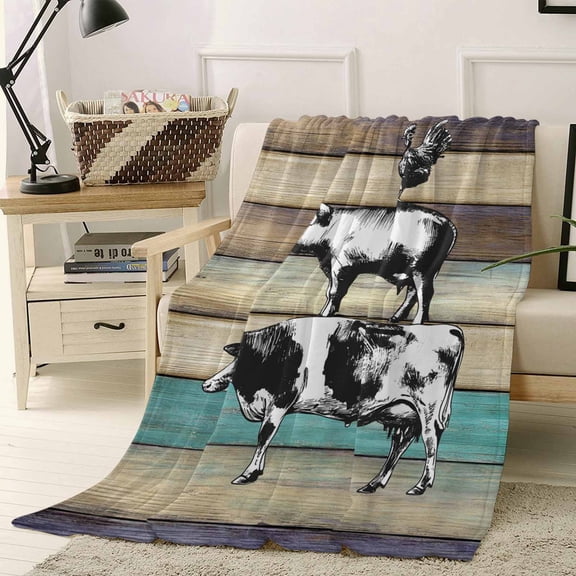 Throw Blanket Fleece Throw Blanket 40x50in, Farm Cow Pig Chicken Soft Lightweight Bed Blankets Farmhouse Animal Vintage Wood Board Fuzzy Couch Blankets for All Season