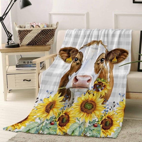 Throw Blanket Fleece Throw Blanket 40x50in, Farm Cow Sunflower Flower Soft Lightweight Bed Blankets Grey White Check Plaid Fuzzy Couch Blankets for All Season
