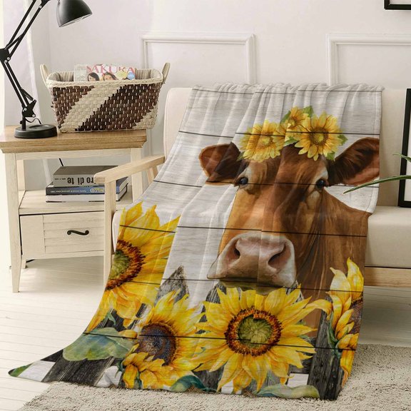 Throw Blanket Fleece Throw Blanket 40x50in, Farm Cow Sunflower Wood Fence Soft Lightweight Bed Blankets Retro Wooden Plank Animal Fuzzy Couch Blankets for All Season