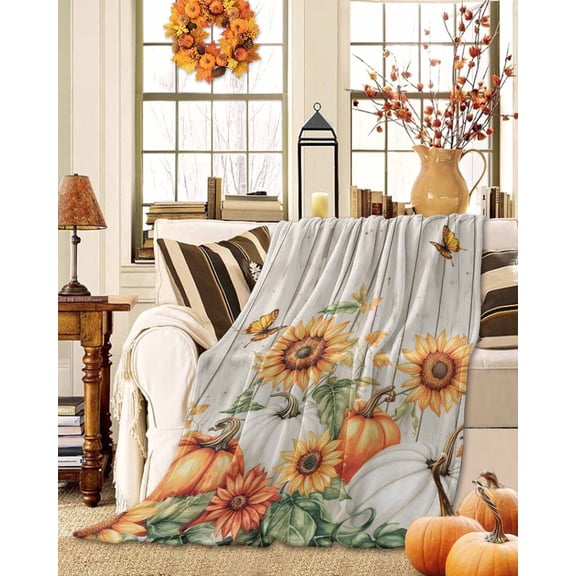 Throw Blanket Fleece Throw Blanket 40x50in, Farm Fall Sunflower Pumpkin Soft Lightweight Bed Blankets Watercolor Leaf Wood Board Fuzzy Couch Blankets for All Season