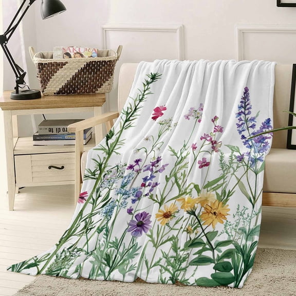 Throw Blanket Fleece Throw Blanket 40x50in, Farm Flower Green Leaf Plant Soft Lightweight Bed Blankets Herb Blossom Flower on White Fuzzy Couch Blankets for All Season