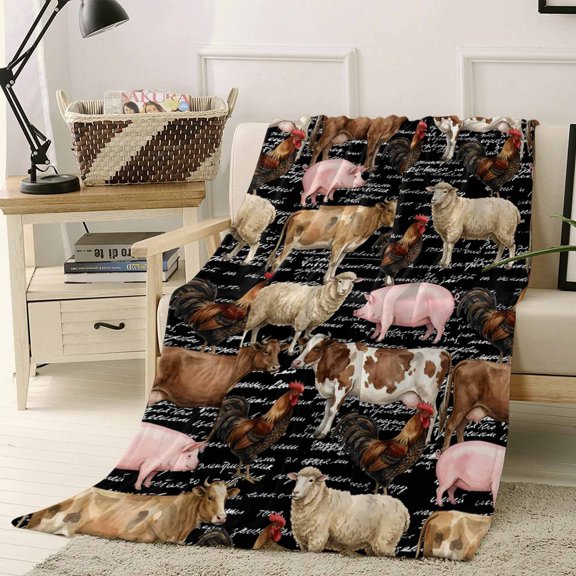Throw Blanket Fleece Throw Blanket 40x50in, Farm Pig Sheep Cow Chicken Soft Lightweight Bed Blankets Farmhouse Animal Letter Black Back Fuzzy Couch Blankets for All Season