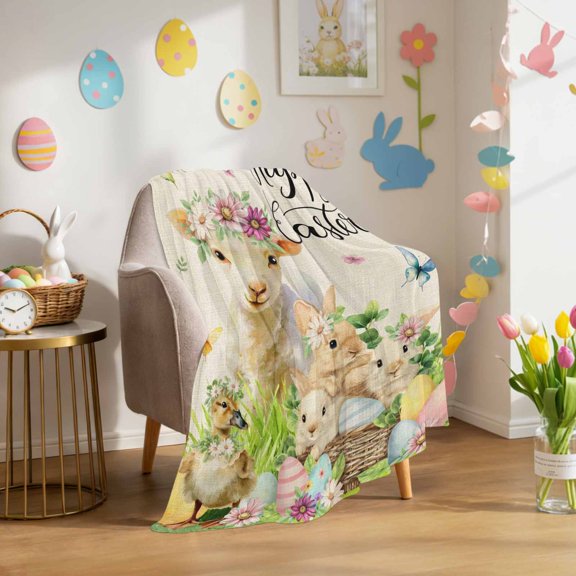 Throw Blanket Fleece Throw Blanket 40x50in, Farm Rabbit Easter Egg Retro Linen Soft Lightweight Bed Blankets Ombre Daisy Herb Sheep Fuzzy Couch Blankets for All Season