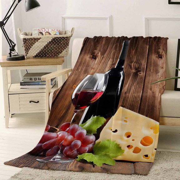 Throw Blanket Fleece Throw Blanket 40x50in, Farm Red Wine Grape Vintage Wood Board Soft Lightweight Bed Blankets Cheese Fruit Wine Glass Fuzzy Couch Blankets for All Season