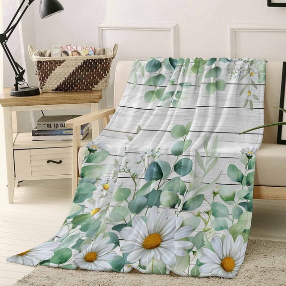 Throw Blanket Fleece Throw Blanket 40x50in, Farm Rustic Daisy Floral Leaves Soft Lightweight Bed Blankets Eucalyptus Leaf on Gray Wood Fuzzy Couch Blankets for All Season