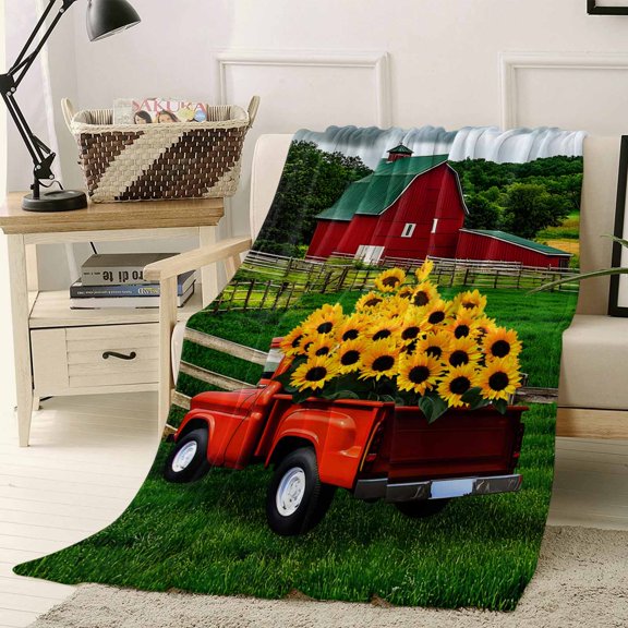 Throw Blanket Fleece Throw Blanket 40x50in, Farm Sunflower on Red Truck Soft Lightweight Bed Blankets Watercolor Barn Field Fuzzy Couch Blankets for All Season