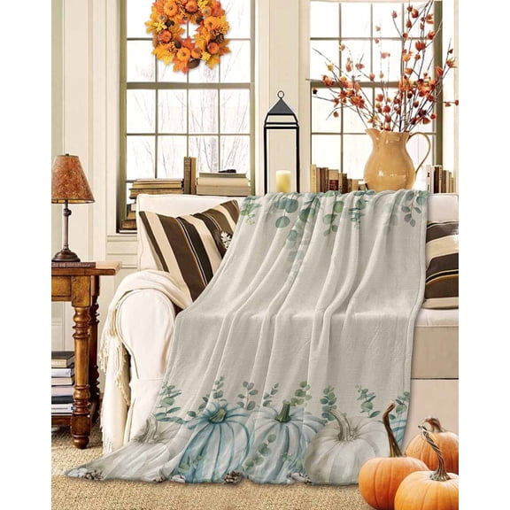 Throw Blanket Fleece Throw Blanket 40x50in, Farm Thanksgiving Pumpkins Eucalyptus Leaf Soft Lightweight Bed Blankets Retro Burlap Fuzzy Couch Blankets for All Season