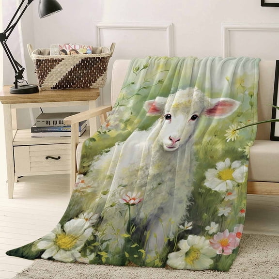 Throw Blanket Fleece Throw Blanket 40x50in, Farm Watercolor Cute Sheep Flowers Daisy Soft Lightweight Bed Blankets Spring Green Leaves Fuzzy Couch Blankets for All Season