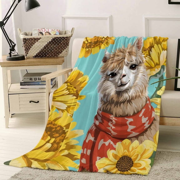 Throw Blanket Fleece Throw Blanket 40x50in, Farm Watercolor Sunflower Alpaca Soft Lightweight Bed Blankets Animal Floral on Teal Fuzzy Couch Blankets for All Season