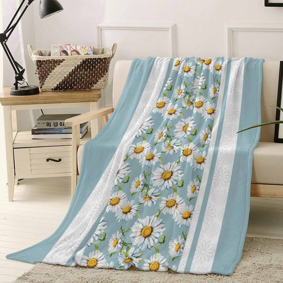 Throw Blanket Fleece Throw Blanket 40x50in, Farmhouse Daisy Floral Blue Stripe Soft Lightweight Bed Blankets Country Flower Watercolor Fuzzy Couch Blankets for All Season