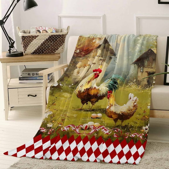 Throw Blanket Fleece Throw Blanket 40x50in, Farmhouse Hens Rooster Floral Soft Lightweight Bed Blankets Vintage Animal Red Lattice Fuzzy Couch Blankets for All Season