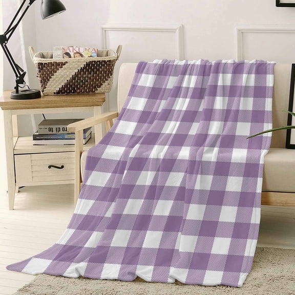 Throw Blanket Fleece Throw Blanket 40x50in, Farmhouse Purple White Buffalo Lattice Soft Lightweight Bed Blankets Pastoral Gingham Fuzzy Couch Blankets for All Season