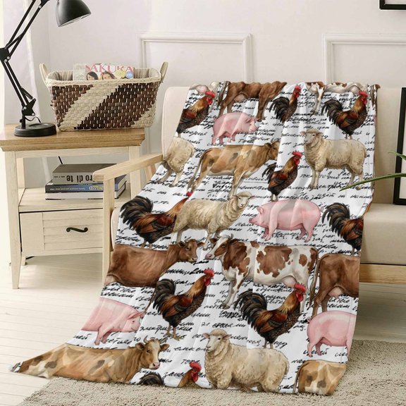 Throw Blanket Fleece Throw Blanket 40x50in, Farmhouse Sheep Pig Chicken Cow Soft Lightweight Bed Blankets Farm Animal Letter Back Fuzzy Couch Blankets for All Season