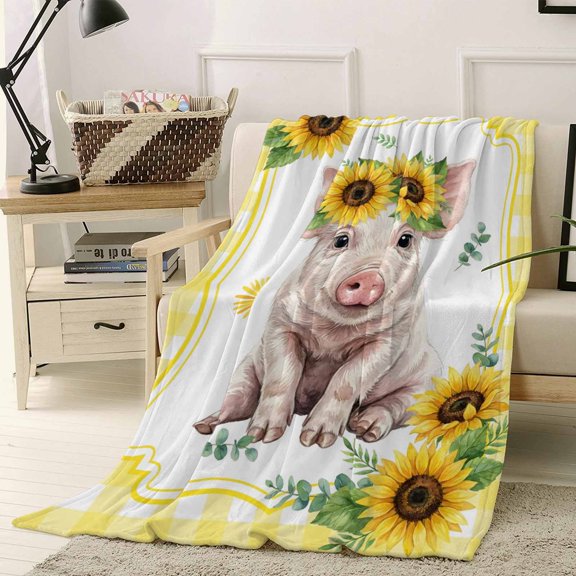 Throw Blanket Fleece Throw Blanket 40x50in, Farmhouse Sunflower Pig Soft Lightweight Bed Blankets Summer Yellow Theme Animal Plant Fuzzy Couch Blankets for All Season