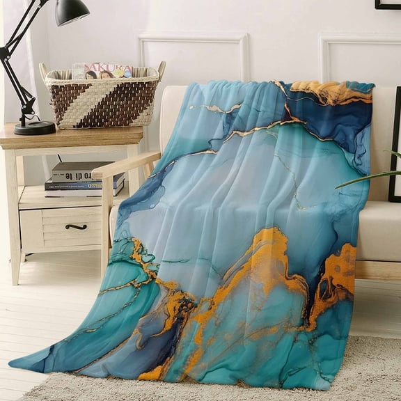 Throw Blanket Fleece Throw Blanket 40x50in, Gold Lines Turquoise Marble Texture Soft Lightweight Bed Blankets Abstract Art Fuzzy Couch Blankets for All Season