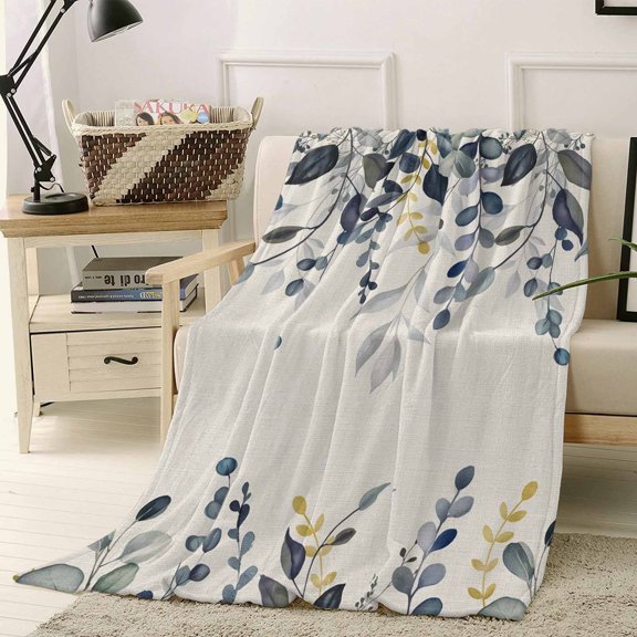 Throw Blanket Fleece Throw Blanket 40x50in, Gradient Blue Eucalyptus Leaf Soft Lightweight Bed Blankets Country Herb Vintage Linen Fuzzy Couch Blankets for All Season