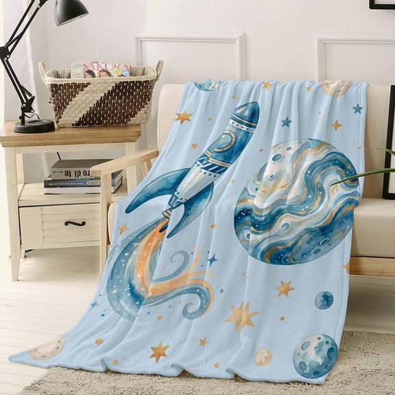 Throw Blanket Fleece Throw Blanket 40x50in, Gradient Blue Planet Rocket Soft Lightweight Bed Blankets Dreamy Universe Stars Moon Fuzzy Couch Blankets for All Season